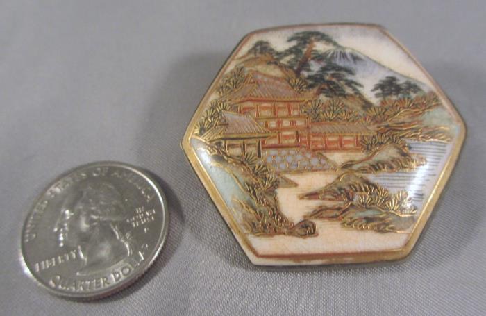 Especially Large Antique Japanese Satsuma Porcelain Button Turned into a Brooch