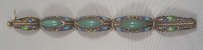Fabulous Antique Chinese Sterling Silver Filigree, Enamel & Jade Bracelet