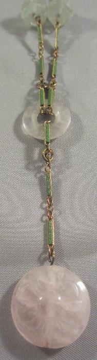 Outrageously Beautiful Art Deco Period Chinese Sterling Silver, Enamel, Pink Quartz & Jade Lavaliere Necklace