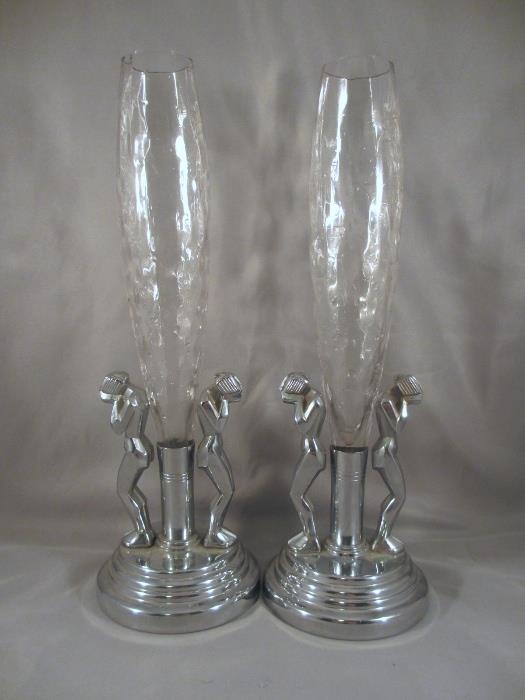 Phenomenal Pair of Farber Bros. (Brooklyn, NY) Art Deco "Weeping Nudes" Bud Vases with Original Optic Glass Inserts