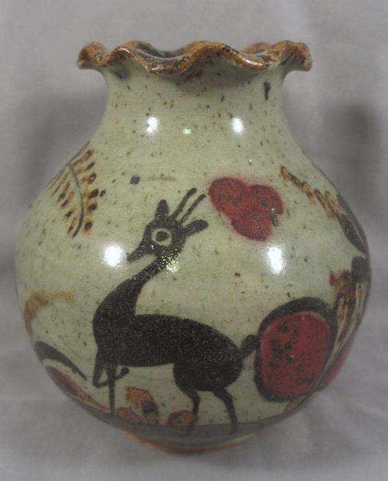High Quality Mexican Tonala Pottery Ruffled Rim Vase with Deer and Floral Decorations