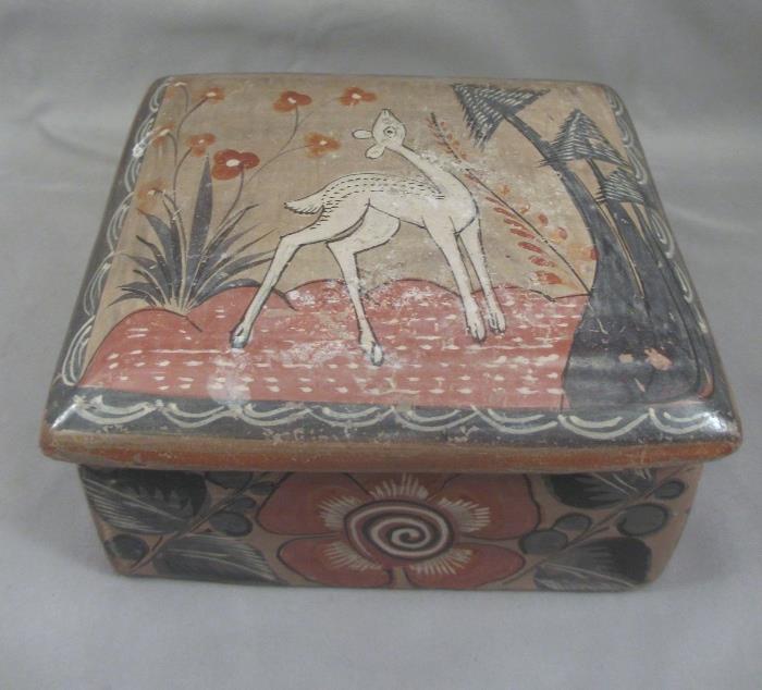 Old Mexican Burnished Tonala Pottery Box Signed "F.M."