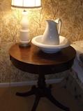Duncan Phyfe drum table and ironstone wash bowl w/pitcher