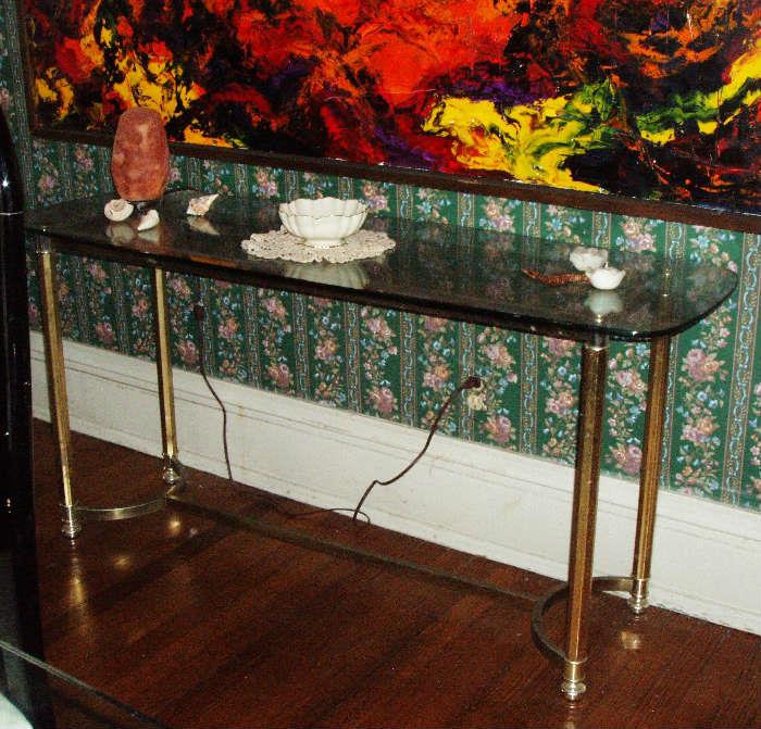 long brass and glass hall or sofa table