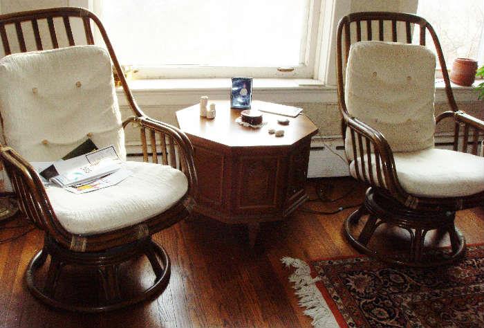pair bamboo swivel chairs and end table
