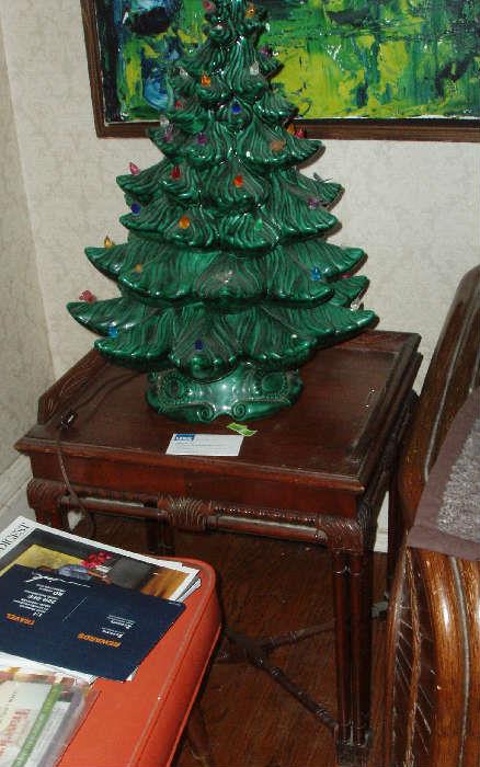 vintage ceramic Christmas tree on small end table