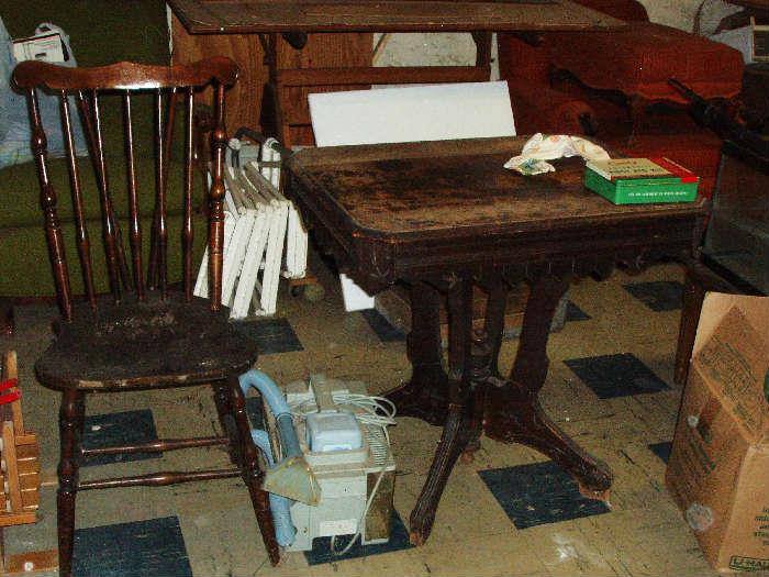 spindel back chair and old side table, drafting table in background