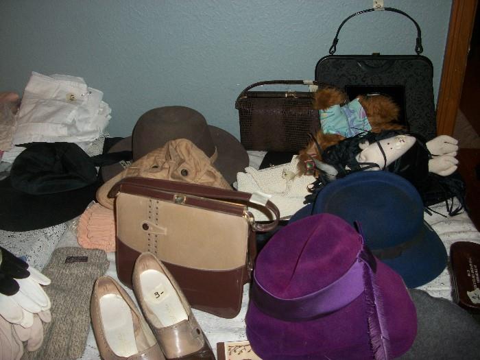 vintage hats, purses, shoes, gloves