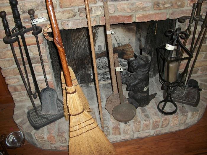 cast iron Fireplace tools including two huge dippers