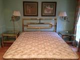 Hollywood Regency, Mid-Century Modern look. Heavy brass glass top end table/night stands and headboard.