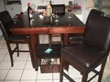 HIGH TOP TABLE WITH BUILTIN LEAF/DRAWER & 4 LEATHER SWIVEL CHAIRS