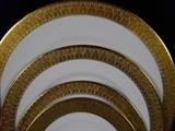 HUGE 129 PC ROYAL CROWN DERBY CHINA SERVICE, ST. GEORGE PATTERN, GOLD AND WHITE