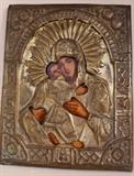 19th century Russian icon, Vladimirskaya Mother of God, with sterling silver oklad