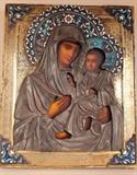 Late 19th-early 20th century Russian icon, Kazanskaya Mother of God, with cloisonné enameled sterling silver oklad