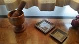 Pottery pieces, mortar & pestle