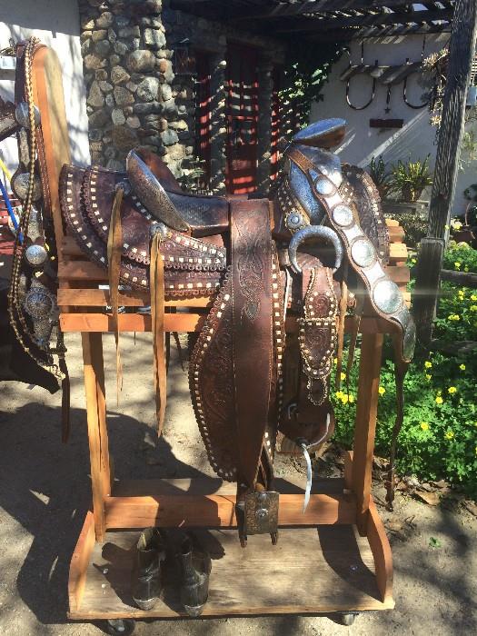 Sterling Silver Saddle, Spurs, Bridle, Reins and Boots with silver heels - Saddle Appraised at $22k, Spurs appraised at $7k - Asking $15k - Saddle made by Clyde Goring, Bit made by Garcia
