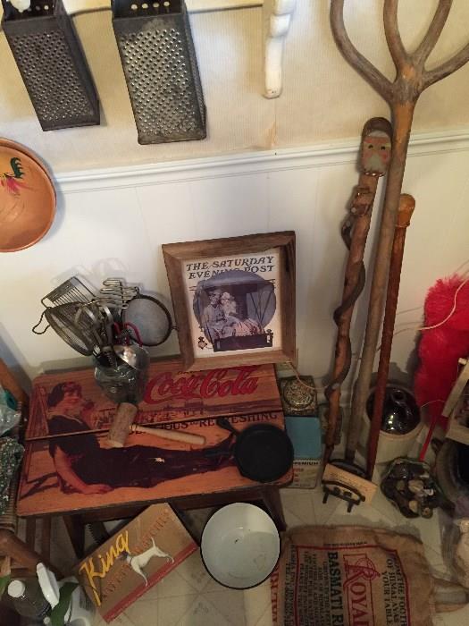 Coca Cola Bench, Country items, Vintage kitchen items, etc.