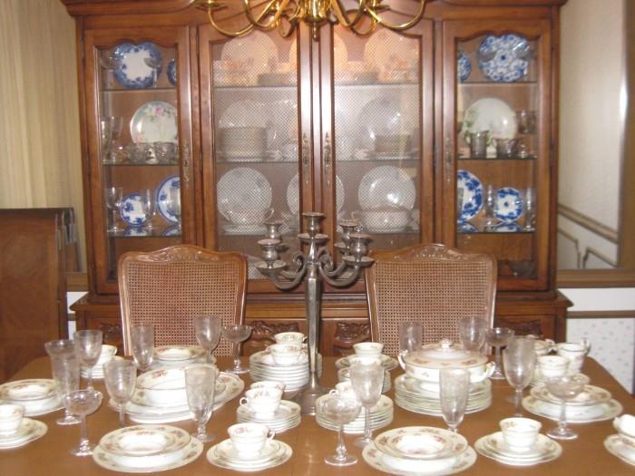 BEAUTIFUL FRENCH STYLE DINING SET made by WHITE FURNITURE CO.  THIS SET IS IN EXCELLENT CONDITION.  INCLUDES TABLE with 2 APRON LEAVES, 4 SIDE CHAIRS, 2 ARM CHAIRS, CHINA HUTCH with BOTTOM SERVER, ANOTHER SERVER, and a BAR.