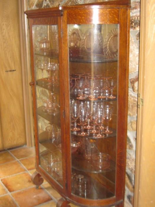 ANTIQUE OAK CHINA CABINET WITH CURVED GLASS SIDES & EMPIRE FEET filled with ELEGANT PERIOD PINK CRYSTAL