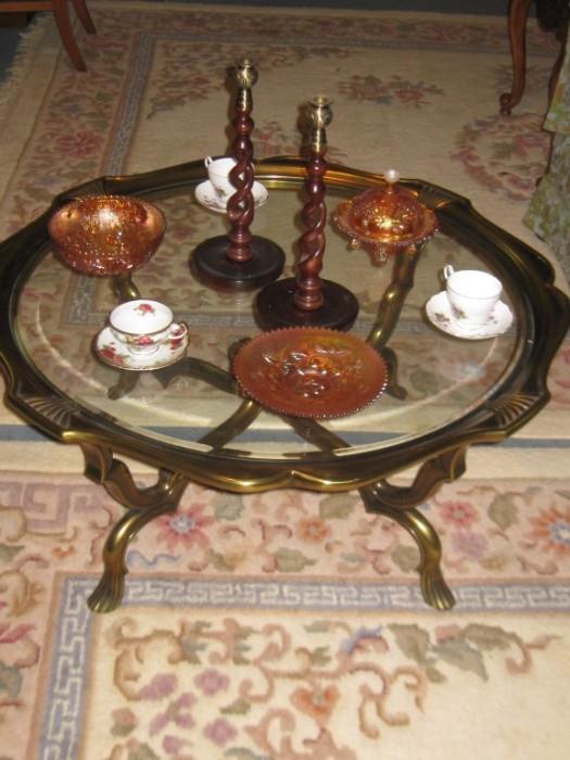 BURNISHED BRASS & GLASS COFFEE TABLE with OLD MARIGOLD CARNIVAL GLASS & BARLEY TWIST CANDLESTICKS