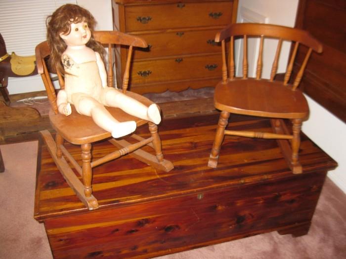 ANTIQUE CEDAR CHEST AND KID WINDSOR ROCKERS