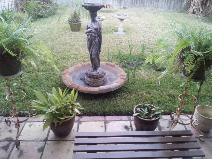 CONCRETE FOUNTAIN, OLD IRON PLANT STANDS