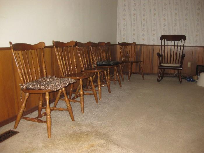 (6) solid wood chairs and rocker