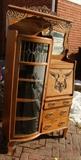 ~ C/1890 nicely carved Oak Bookcase/Secretary w/beveled mirror and beveled and leaded top door panel w/curved glass