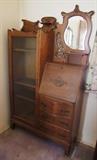 C/1890’s Victorian Oak Bookcase/Secretary w/carving and beveled mirror (Flat Glass Door) 