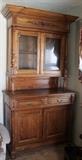 ~ C/1890 European 2 piece Oak China cupboard w/carved Lion head crest 