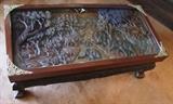 ~ C/1970’s hand carved Asian coffee table w/elephants and Lions in a forest carved relief under glass 