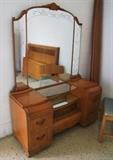 ~ C/1930’s Art Deco Waterfall bedroom set includes Highboy, Vanity w/mirror and bench and full size bed 