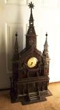 1888 Unique Hand carved fret work mantle clock, Steeple Church form, made by Frank T. Herrmann, Detroit, MI, 39”h. x 19”w. x 10”d. 
