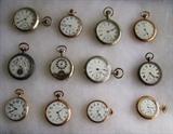 ~ 12 Various antique pocket watches including 21 jewel, Illinois Central, French, Silver case, etc. Sold Choice