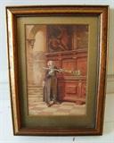 Small 19th C. watercolor of Servant replacing a candlestick - Signed