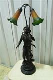 C/1910 style bronze figural Parlor lamp w/2 Tulip Art Glass
