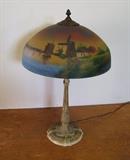  C/1920’s Reverse painted Parlor lamp, Sailboat image, pebbled finish on outside of Shade
