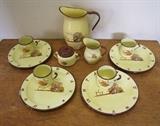C/1950’s Cowboy themed group of enamelware including: milk pitcher, creamer and sugar, 4 cups and 4 plates 