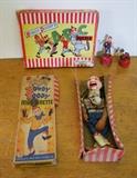 ~ C/1950’s Howdy Doody Marionette by Peter Puppet Play Things w/box ~ C/1950’s Howdy Doody Parker Bros. ABC Puzzle ~ 2-C/1950’s Howdy Doody Kohner Push em-ups, Howdy and Flub-a-Dub 