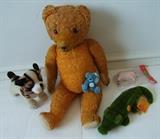 ~ C/1920’s Mohair jointed Teddy Bear w/glass eyes, full jointed body and crier ~ C/1950’s Steiff “Bully” Bull dog ~ C/1990 Steiff “Gaty” Alligator ~ 1996 Steiff Club mini blue bear ~ C/1960’s Steiff Pig 