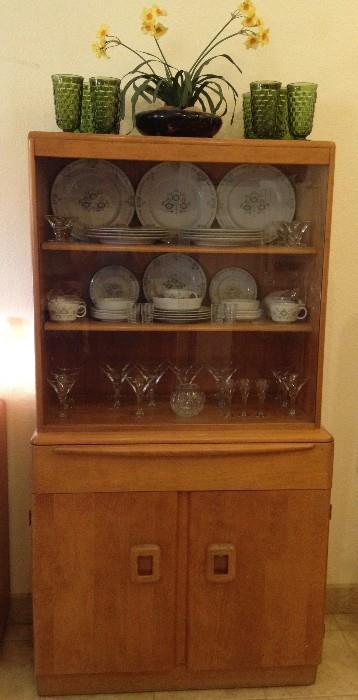 Heywood Wakefield China Cabinet, Vintage Heritage by Fransican Family China, Vintage Green Glass Goblets
