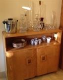 Heywood Wakefield Buffet/Bookcase, Vintage Decanters, Liquor Bottles, Candian Club GOld Rimmed Shot Glasses