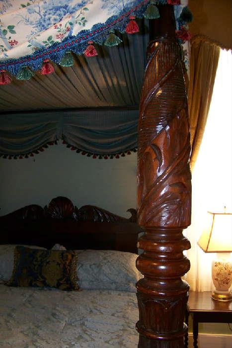 Beautiful detail on the post of the antique bed - it is made of mahogany and dates to the mid 1800's.