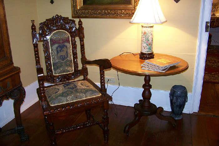 One of a pair of mahogany chairs - they are reproduction chairs but have a great look.  The table is from the late 1800's to 1900
