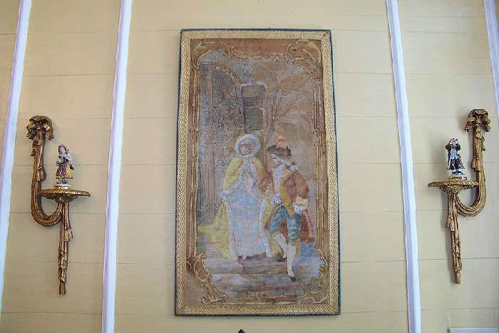 There are two of these panels.  They are French and feature hand painted scenes on fabric I believe to be silk