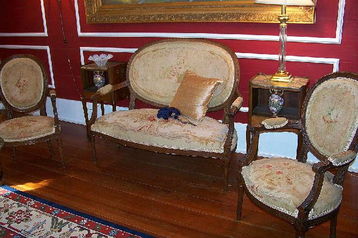 Very nice French parlor set with Aubusson fabric. Also shown is a pair of French marble top end tables or nightstands.  The parlor set is 1880-1900 - the tables are around 1920 