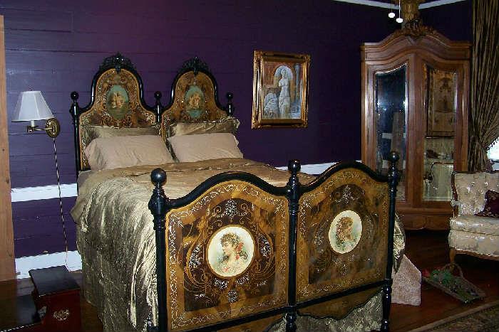 A wonderful tole bed with hand painting and mother of pearl.  The bed is a full size and the paint, etc. is in excellent condition.  The bed is French and is from the early 1900's