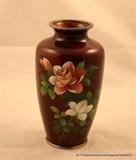 Pigeon blood red background and pink and white roses on a Japanese Ginbari Cloisonne vase. No flaws - mint condition. Exquisite!