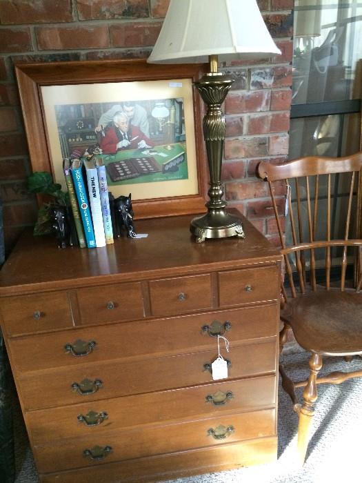 Hard rock maple chest; Windsor chair; lamp; decorative items