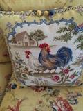       Rooster pillow with yellow & blue ball fringe